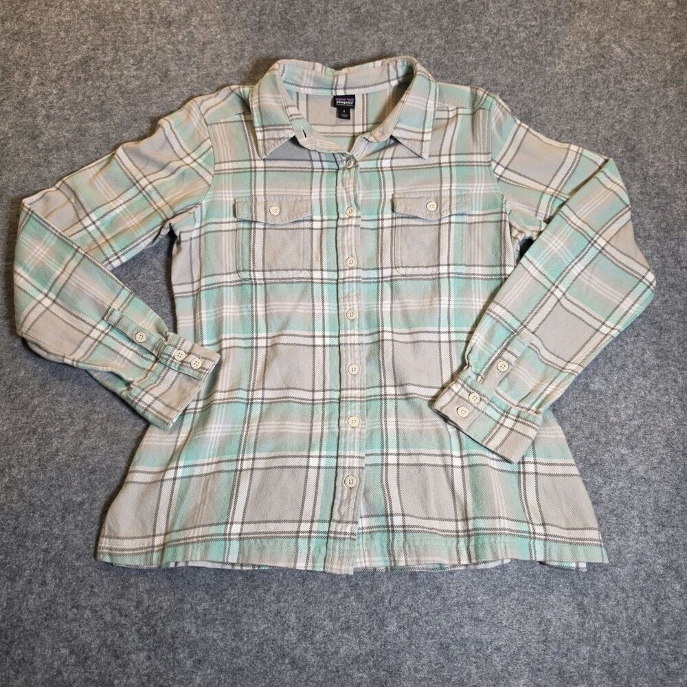 Patagonia Organic Cotton Women’s Plaid Flannel Shirt Size 8 Aqua Gray